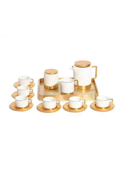 VAV GET 16-Piece Porcelain Coffee & Tea Set for 6 Cups, Saucers, Tray, Pot, Sugar & Creamer