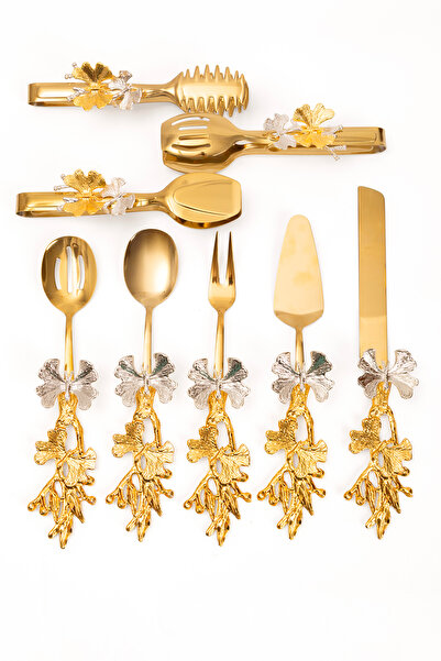 Aslı Hediyelik طقم تقديم ذهبي مكون من 8 قطع مع مقابض فراشة ومجموعة ملقط فراشة 18/10 من الفولاذ المقاوم للصدأ