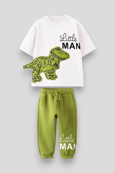 Magu Boys Cotton White Dinosaur Patterned T-Shirt and Green Sweatpants Set - Little Man Slogan