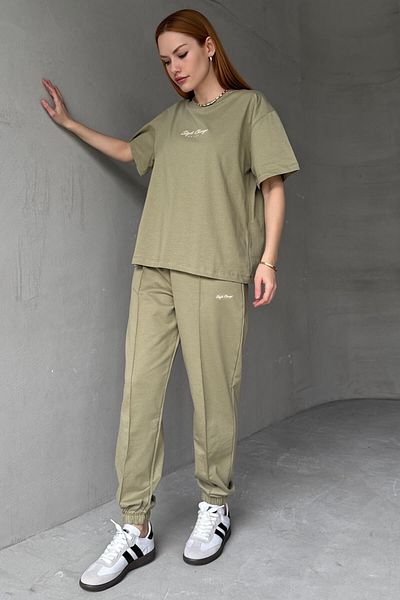Cappmoda Tkm-0051 Khaki Style Change Written T-Shirt and Elastic Leg Trousers Set of Two