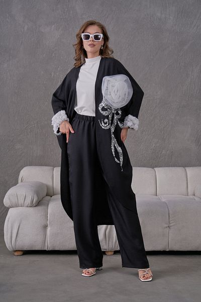 Miss Allos Women's Front Sequin Sequin Embroidered Flower and Stone Embroidered Linen Kimono Cardigan and Pants Bottom Top Set
