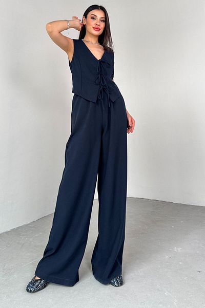 Cappmoda TKM-03710 سترة مربوطة بحبل أزرق داكن وخصر مرن وسروال فضفاض طقم مكون من قطعتين