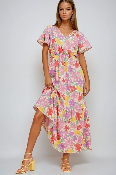 VAGGON Women's Lilac Patterned Double Breasted Maxi Dress Vgn-X4373