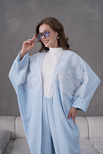 Miss Allos Жіночий передній тюлевий кардиган з вишитими бісером квітами кімоно і штани з верхом і низом