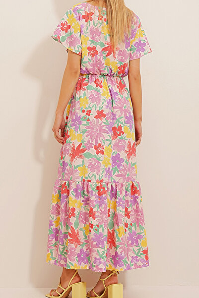 VAGGON Women's Lilac Floral Patterned Double-Breasted Maxi Length Dress Vgn-X4373