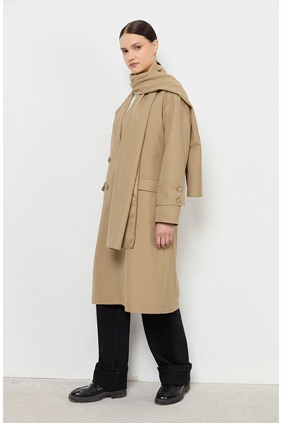 Fatma Atasoy Oversize Milky Brown Scarf Trench Coat