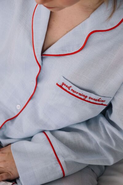 Mama in Love Sunday Kırmızı Nakışlı Mavi Uzun Kollu Pijama Üstü