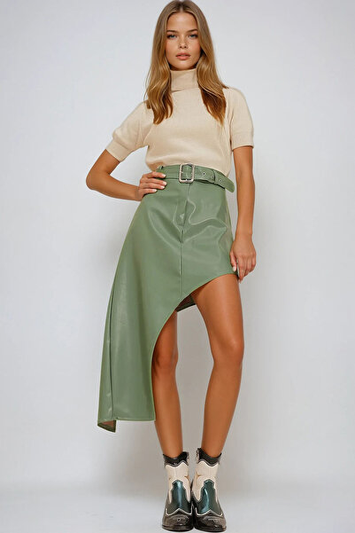 VAGGON Women's Green Asymmetric Cut Belted Faux Leather Skirt Vgn-X10931