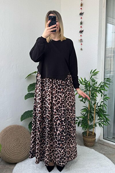 Mivida Uzun Kol Yan Bağlamalı Çizgili Leopar Uzun Elbise