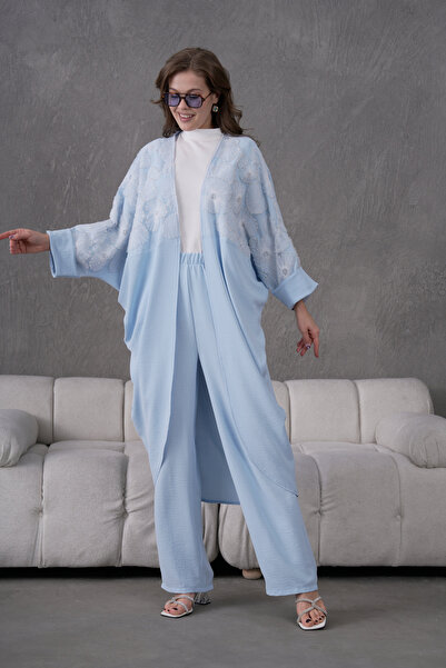 Miss Allos Жіночий передній тюлевий кардиган з вишитими бісером квітами кімоно і штани з верхом і низом