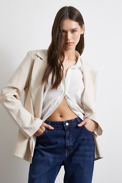 Never more White Lined Draped Blazer Jacket