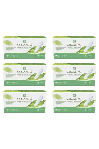 Organyc c 100% Certified Cotton Tampons for Heavy Days - 6 Packs of 16 (Total 96 Pieces)