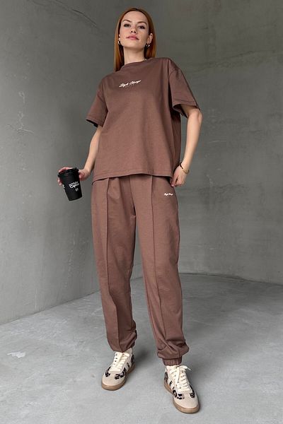 Cappmoda TKM-0051 Καφέ Στυλ Αλλαγή Γραπτό T-Shirt Παντελόνι με ελαστικό πόδι Σετ δύο τεμαχίων