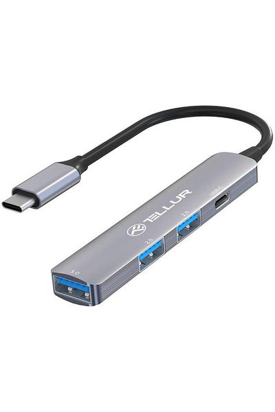 TELLUR Hub USB Tellur TLL321051 USB-C 4 în 1, 2 x USB 2.0, 1 x USB-C, 1 x USB 3.0, aluminiu, Gri