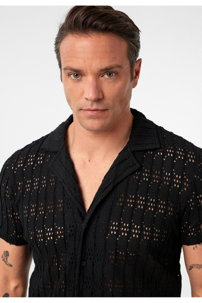 Williot Facundo Чоловіча чорна сорочка з коротким рукавом, поло-комірцем, ґудзиками, бавовняна, ажурна в'язка, прямий крій