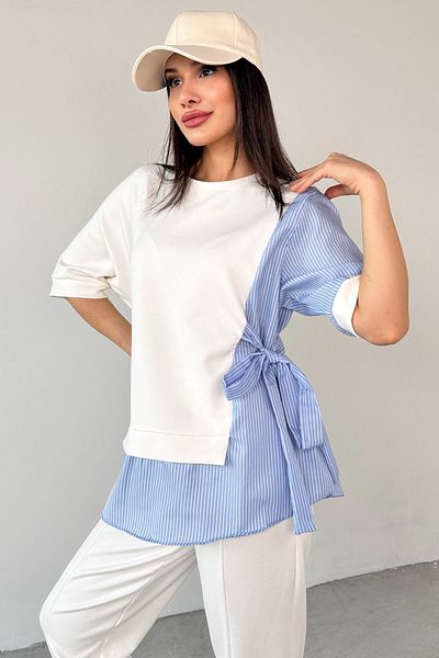 Cappmoda TKM-13254 Λευκό πουκάμισο ζωσμένο μπλούζα με ζώνη ελαστικό παντελόνι Σετ δύο τεμαχίων