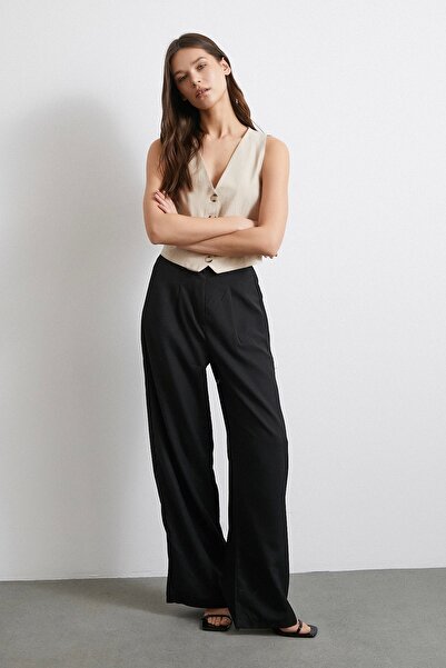 Never more Yüksek Bel Beli Lastikli Geniş Paça Pantolon Siyah
