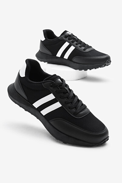 Tonny Black Pánská černá bílá termo podrážka s pruhovanou prodyšnou látkovou šněrovací sportovní obuví