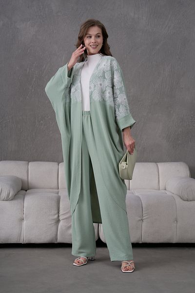 Miss Allos Women's Front Tulle Beaded Flower Embroidered Kimono Cardigan and Pants Bottom Top Set