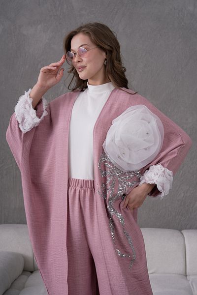 Miss Allos Women's Front Sequin Sequin Embroidered Flower and Stone Embroidered Linen Kimono Cardigan and Pants Bottom Top Set