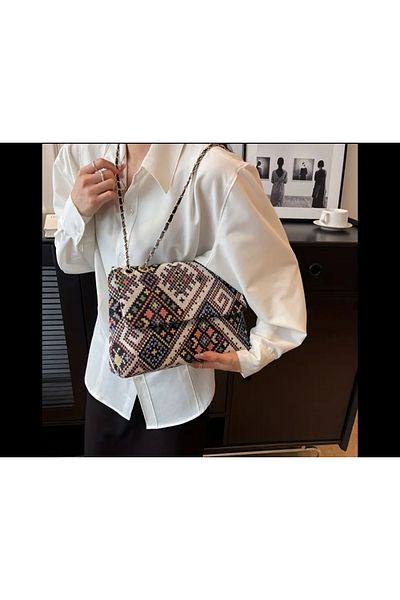 ÇANTA Vip Polyester Lined Metal Chain Strap Geometric Pattern Black Color Weighted Shoulder Bag