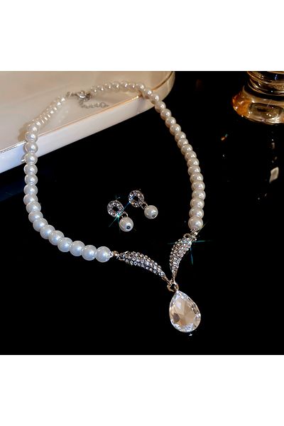 Choice Hn4967-1 3 Pcs Rhinestone Pearl Rectangular Earrings Necklace Set Two-piece Vintage Choker Accessory