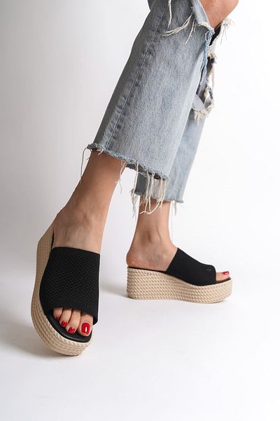 Zerenyus Mosina Wedge Heeled Orthopedic Sole Ψάθινο Πλεκτό Μαύρες Γυναικείες Παντόφλες