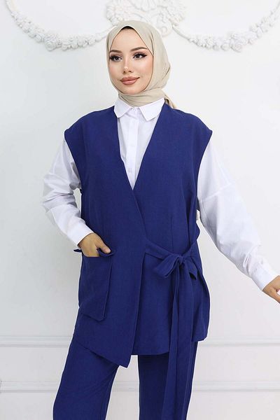 benguen Navy Blue 2243 Tie-Up Vest Trousers Set