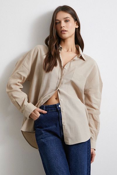 Never more Oversize Linen Shirt with Pockets - Beige