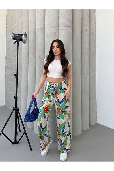Ozy Fashion Beige-Green Leaf Patterned Wide Leg Viscose Palazzo Trousers with Elastic Waist and Tie Detail