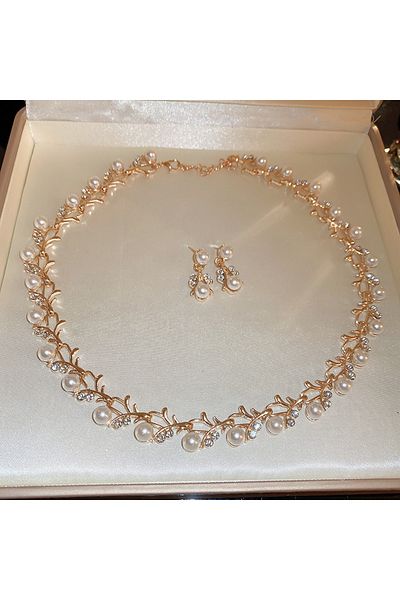 Choice Hn4416-1 3 Pcs Rhinestone Pearl Rectangular Earrings Necklace Set Two-piece Vintage Choker Accessory