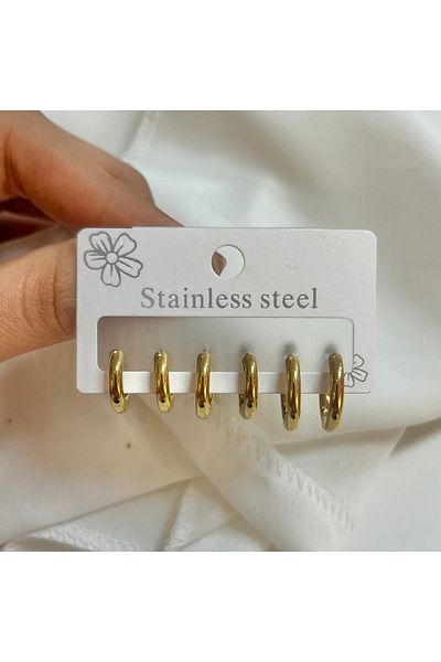 PONÇİK ACCESSORİES Steel Gold Color Set of 3 Hoop Earrings Classic Model 3 Sizes