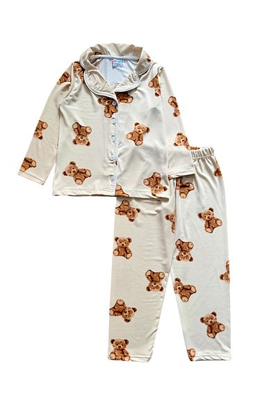 Şekerkids Girl's 100% Cotton Cream Teddy Bear Patterned Shirt Collar Buttoned Long Sleeve Seasonal Pajama Set