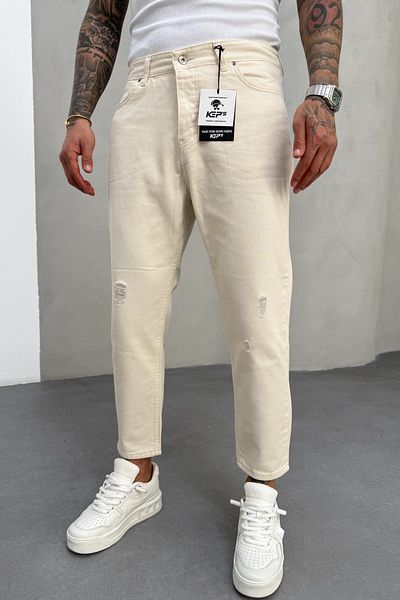 MADZEYMODA Ανδρικό τζιν παντελόνι μπεζ Generic Fit Ripped Λεπτομέρεια KE-750
