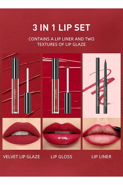 QIBEST Lip Line, Mirror Light Lipstick, Matte Lipstick 3pcs Set 06