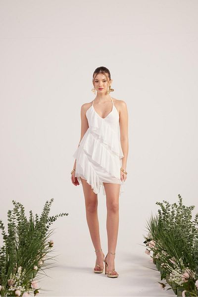 HOLLY LOLLY White Ruffle-Detailed Chiffon Mini Ulya Dress