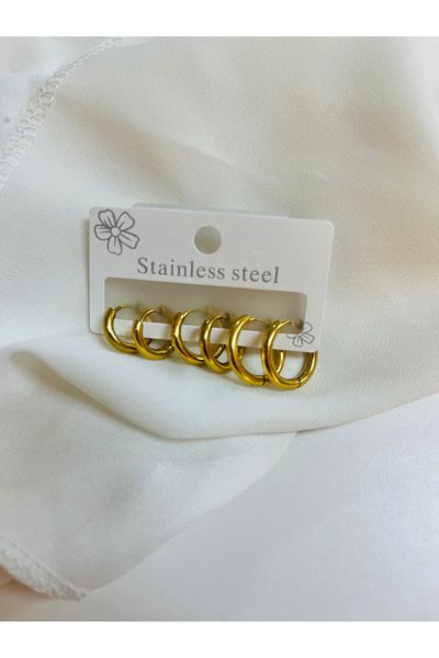 PONÇİK ACCESSORİES Steel Gold Color Set of 3 Hoop Earrings Classic Model 3 Sizes
