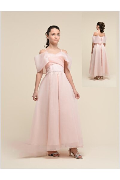 Lidya Kids MADONNA YAKA BELİ TAŞLI PUDRA ORGANZE ABİYE ELBİSE