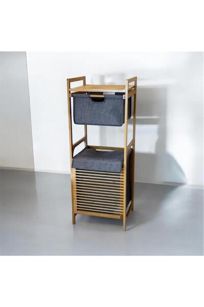 ALLEGRI Bambu Çekmeceli 2 Bölmeli Kirli Çamaşır Sepeti Raflı Banyo Mutfak Düz...
