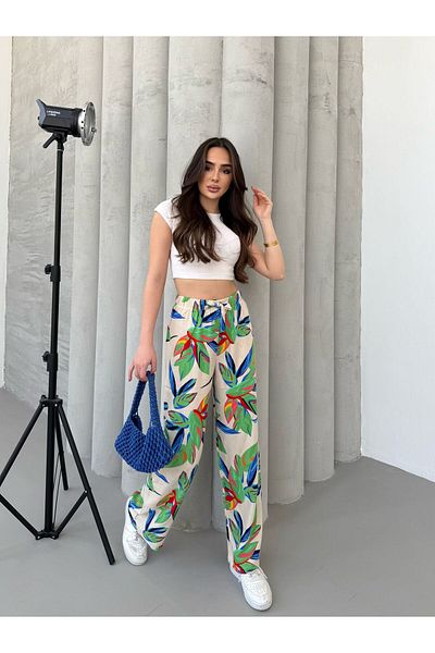 Ozy Fashion Beige-Green Leaf Patterned Wide Leg Viscose Palazzo Trousers with Elastic Waist and Tie Detail