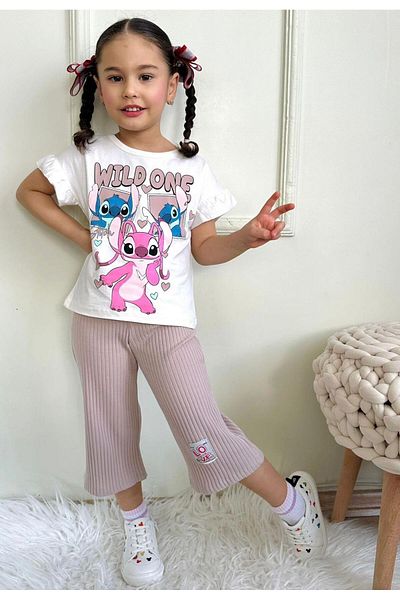 LİLLYPİCCA Girl Character Patterned Gathered Sleeve Ribbed Wide Leg Trousers 2Plik Set