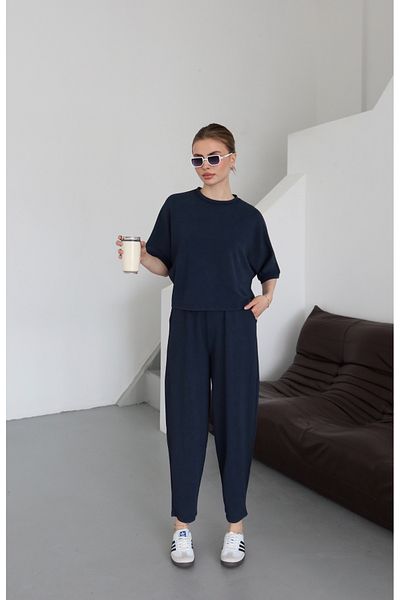 Laluvia Navy Blue Washed Crew Neck Modal Suit - 8559