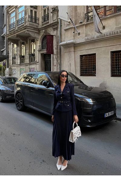 MYGİYİMİSTANBUL Elizabeth Gold Belted - Buttoned Blazer Jacket and Pleated Long Skirt Set