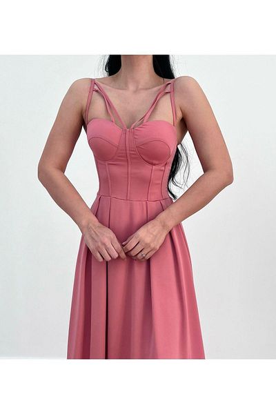 MİSSCİXFASHİON Evening Dress Multiple Straps Detachable Rose Detail Flared Skirt Midi Dress Evening Dress and Graduation Dress
