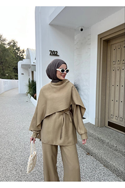My Blog Camel Drape hajtókás blúz nadrág szett - 8625