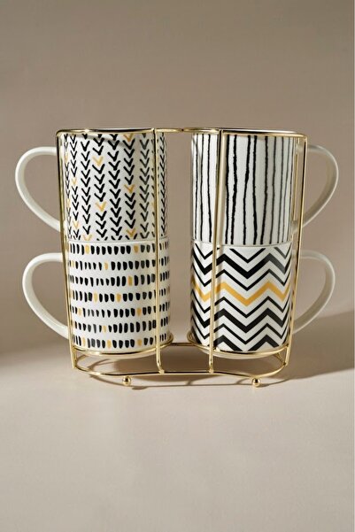 Karaca Nomar 5 Piece Porcelain Mug Set with Stand 320 ml