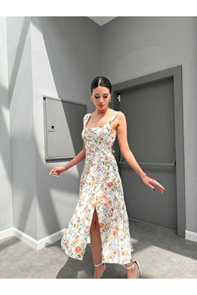 MİSSCİXFASHİON Kadın Abiye Kalın Askılı Arkadan İp Bağlamalı Çiçekli Midi Abiye & Mezuniyet Elbisesi