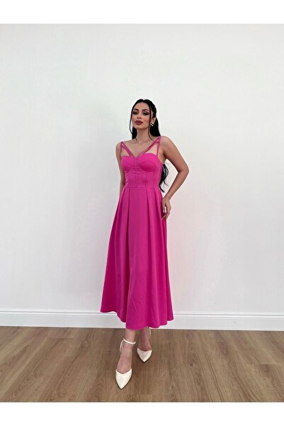 BEAUTY FASHİON Abiye Çoklu Askılı Çıkarılabilir Gül Detaylı Kloş Etekli Midi ...