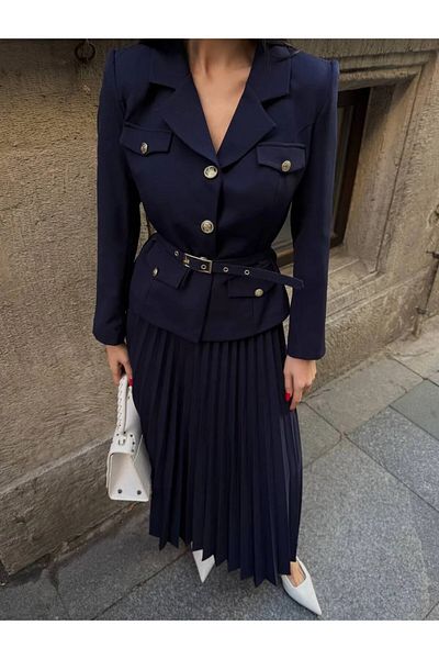 MYGİYİMİSTANBUL Elizabeth Gold Belted - Buttoned Blazer Jacket and Pleated Long Skirt Set