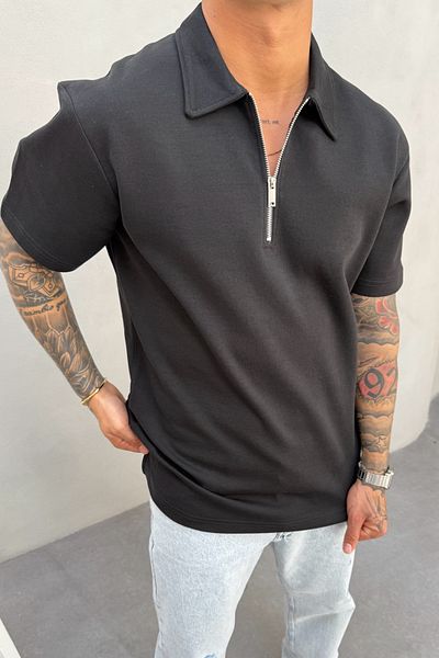 MADZEYMODA Ανδρικό μπλουζάκι με φερμουάρ με φερμουάρ, μαύρο KE-7010